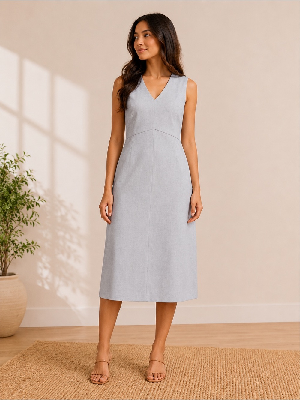 Antonio Melani Gray Sleeveless V-Neck Midi Sheath Dress Size 8